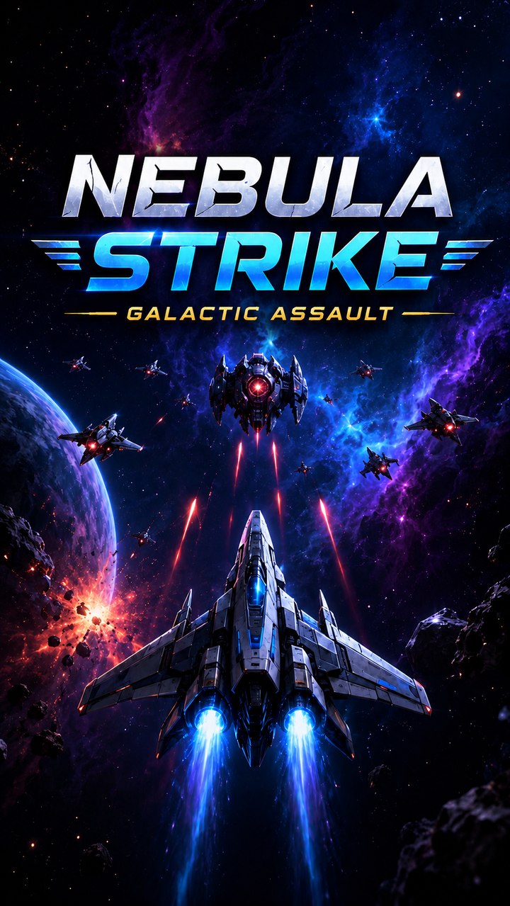 Nebula Strike: Galactic Assault — starship flying through a nebula toward an enemy fleet